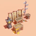  3d barrel blockbench_(medium) chinese_commentary commentary_request crate food fruit lamp low_poly naytotime no_humans object_focus orange_background original shadow shouji signpost simple_background sliding_doors still_life watermelon watermelon_slice 
