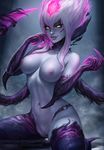  blade blue_skin breasts claws dated demon demon_girl deviantart_username evelynn fiery_hair hair_between_eyes hand_on_own_cheek highres large_breasts league_of_legends looking_at_viewer navel nipples paid_reward parted_lips patreon_reward patreon_username pink_lips pubic_hair purple_legwear pussy realistic sciamano240 short_hair_with_long_locks signature sitting slit_pupils smile solo thighhighs uncensored white_hair yellow_eyes 