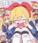  1girl :t aikatsu! aikatsu!_(series) aikatsu365 arms_up blazer blonde_hair blue_jacket bow bow_hairband closed_eyes commentary_request crying crying_with_eyes_open hair_bow hairband hands_on_own_face hands_up highres hoshimiya_ichigo jacket knees_up long_hair long_sleeves looking_at_viewer multiple_expressions multiple_views neck_ribbon open_mouth pleated_skirt pout profile red_bow red_eyes red_hairband red_ribbon ribbon sad school_uniform shirt sitting skirt starlight_academy_school_uniform streaming_tears tears translation_request twitter_username white_shirt white_skirt winter_uniform 