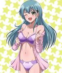  aqua_hair bare_shoulders blush bra breasts cleavage collarbone green_eyes hair_ornament hairclip jacket kantai_collection large_breasts long_hair looking_at_viewer navel off_shoulder one_eye_closed open_clothes open_jacket open_mouth panties pink_jacket purple_bra purple_panties solo star starry_background straight_hair suzuya_(kantai_collection) underwear zanntetu 