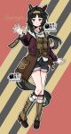  1girl ahoge animal_ears belt black_hair black_shorts blush boots breasts brown_belt brown_boots brown_eyes brown_hairband brown_headband brown_vest character_name closed_mouth commentary commission ear_covers hair_ornament hairband hairclip headband highres horse_ears horse_girl horse_tail jacket logotype_(racing)_(umamusume) logotype_(umamusume) long_hair long_sleeves looking_at_viewer mismatched_ear_covers red_jacket saramiao-chan sex shirt shorts smile socks solo tail umamusume vest waving white_shirt white_socks 