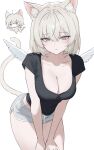 1girl absurdres animal_ears bent_over black_shirt blue_eyes breasts cat_ears cat_girl cat_tail cleavage closed_mouth commentary cowboy_shot drawstring expressionless hands_on_own_thighs highres large_breasts looking_at_viewer micro_shorts midriff_peek mini_wings mumu_muw original shirt short_hair short_shorts short_sleeves shorts simple_background solo tail tail_raised thighs white_background white_hair white_shorts wings 