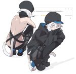  1girl ass back backless_leotard bare_back black_boots black_gloves black_hat black_jacket black_leotard black_thighhighs blue_eyes boots colored_eyelashes commentary crossed_bangs gloves hair_between_eyes halterneck hat highleg highleg_leotard highres jacket leotard lowleg lowleg_pantyhose lowleg_shorts micro_shorts multiple_views original pantyhose request_inset shorts simple_background solo squatting subaru_(yamunashi) tail thighhighs thighhighs_over_pantyhose untranslatable_commentary white_background white_eyelashes white_hair yamunashi_(soregoshi) 