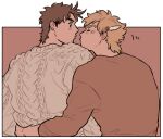  2boys arm_around_another's_back battle_tendency blonde_hair blush brown_eyes brown_hair brown_shirt cable_knit caesar_anthonio_zeppeli chuu_ni closed_eyes commentary_request crew_neck facial_mark fake_head_wings from_behind jojo_no_kimyou_na_bouken joseph_joestar joseph_joestar_(young) long_sleeves looking_at_another male_focus multiple_boys parted_lips shirt short_hair sweater upper_body white_sweater yaoi 