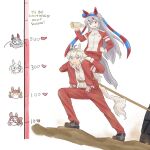  2girls absurdres ahoge animal_ears belno_light_(umamusume) black_shoes blue_eyes blue_hairband carrying diamond_hairband ear_covers ear_ornament english_text fang fujimasa_march_(umamusume) hairband hand_on_own_hip headband highres holding holding_megaphone horse_ears horse_girl horse_tail jacket kiss_meter_(meme) long_hair looking_at_another megaphone meme multiple_girls norn_ace_(umamusume) oguri_cap_(racehorse) oguri_cap_(umamusume) open_mouth oversized_object pants red_headband red_jacket red_pants red_shoes reo_000 rope_around_waist shoes shoulder_carry simple_background smile sneakers tail tamamo_cross_(racehorse) tracen_training_uniform track_jacket track_pants umamusume umamusume:_cinderella_gray unused_tire white_background 