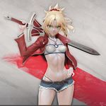  3d belt black_panties blonde_hair bracelet breasts cowboy_shot denim denim_shorts fate/apocrypha fate_(series) green_eyes grin hand_on_hip highleg highleg_panties highres holding holding_sword holding_weapon jacket jewelry leslyzerosix looking_at_viewer midriff mordred_(fate) mordred_(fate)_(all) navel necklace over_shoulder panties ponytail shorts small_breasts smile solo sword sword_over_shoulder teeth thong underwear weapon weapon_over_shoulder 