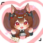  1girl absurdres angelina_(arknights) animal_ear_fluff animal_ears arknights arknights:_endfield border bracelet brown_hair chinese_commentary clenched_hand commentary_request cropped_shoulders deformed double-parted_bangs fox_ears fox_girl gilberta_(arknights) hair_between_eyes hands_up headpiece heart heart_border highres infection_monitor_(arknights) jewelry long_hair looking_at_viewer pink_border red_eyes solo straight-on tudou_c2h2 twintails white_border 