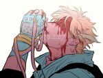  1boy arm_up battle_tendency blonde_hair blood blood_on_face blue_gloves caesar_anthonio_zeppeli chuu_ni closed_eyes closed_mouth collared_jacket commentary_request dated facial_mark fake_head_wings fingerless_gloves from_side gloves head_back holding holding_headband injury jacket jojo_no_kimyou_na_bouken male_focus medium_sideburns pink_scarf profile scarf short_hair sideburns solo unworn_headwear 