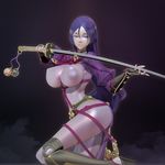  3d bodysuit bracer breasts covered_nipples fate/grand_order fate_(series) fingerless_gloves gloves highres holding holding_sword holding_weapon katana large_breasts leg_up leslyzerosix long_hair minamoto_no_raikou_(fate/grand_order) parted_lips pointy_breasts purple_eyes purple_hair sandals solo sword weapon 