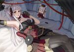  1girl animal_ears armband armpits asymmetrical_dress asymmetrical_gloves bare_shoulders black_dress black_gloves black_pantyhose blunt_bangs blush breasts brown_hat character_doll cleavage commentary doll dress ear_ornament elbow_gloves evening_gown gloves gold_ship_(la_mode_564)_(umamusume) gold_ship_(red_strife)_(umamusume) gold_ship_(umamusume) grey_hair hat horse_ears horse_girl horse_tail jewelry lace lace_gloves large_breasts lipstick long_hair looking_at_viewer lying makeup necklace official_alternate_costume official_alternate_hairstyle on_back pantyhose parted_lips pillbox_hat ponytail purple_eyes red_dress red_lips single_bare_shoulder sleeveless sleeveless_dress smodzz998 solo striped_armband striped_clothes tail umamusume uneven_gloves white_gloves 