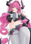  1girl arknights arknights:_endfield black_gloves black_horns blue_eyes breasts crop_top diamond_in_eye dragon_girl dragon_horns dragon_tail finger_to_cheek from_below gloves hair_intakes hair_on_horn hand_on_own_hip horns large_breasts long_hair looking_at_viewer looking_down multicolored_gloves multicolored_hair multicolored_horns navel pants pink_gloves pink_hair pink_horns pink_sleeves pink_tube_top pointy_ears simple_background smile solo sora_mame_(princess_0sora) standing strapless streaked_hair tail thighs tube_top two-sided_gloves two-tone_gloves two-tone_horns white_background white_pants yvonne_(arknights) 