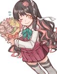  az_toride black_hair blazer bouquet breasts flower from_above full_body grey_legwear hair_flower hair_ornament hairband halterneck jacket kantai_collection large_breasts long_hair looking_at_viewer multicolored_hair naganami_(kantai_collection) one_eye_closed pink_hair remodel_(kantai_collection) simple_background solo thighhighs two-tone_hair wavy_hair white_background yellow_eyes zettai_ryouiki 