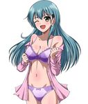  absurdres aqua_hair bare_shoulders blush bra breasts cleavage collarbone green_eyes hair_ornament hairclip highres jacket kantai_collection large_breasts long_hair looking_at_viewer navel off_shoulder one_eye_closed open_clothes open_jacket open_mouth panties pink_jacket purple_bra purple_panties solo straight_hair suzuya_(kantai_collection) underwear white_background zanntetu 