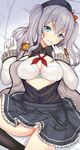  bangs bed_sheet beret black_hat black_legwear black_shirt blue_eyes blush bra breasts cleavage collared_shirt dress_shirt finger_to_mouth frilled_skirt frilled_sleeves frills from_above grey_jacket grin hair_between_eyes hat head_tilt jacket kantai_collection kashima_(kantai_collection) kneehighs long_sleeves lying medium_breasts military_jacket on_back open_clothes open_jacket open_shirt panties pantyshot pantyshot_(lying) parted_lips partially_unbuttoned pillow pinky_out pinky_to_mouth raised_eyebrows shirt silver_hair skirt smile solo sukebewe teeth twintails underwear white_bra white_panties wing_collar 