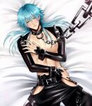  1boy bare_pectorals bed_sheet belt belt_buckle black_belt black_collar black_pants blue_hair blush buckle chain chain_leash chouxcide closed_mouth clothing_cutout collar commentary cowboy_shot dramatical_murder glint grey_eyes hand_on_own_chest hand_on_own_hip highres hip_vent leash long_hair long_sleeves looking_at_viewer lying male_focus mullet nipples on_back pants pectorals raised_inner_eyebrows seragaki_aoba shrug_(clothing) solo untranslatable_commentary zipper 
