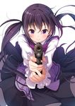  aiming_at_viewer bangs black_skirt blush bow bowtie closed_mouth eyebrows_visible_through_hair foreshortening frilled_sleeves frills gochuumon_wa_usagi_desu_ka? gun hair_ornament hairclip handgun holding holding_gun holding_weapon long_hair long_skirt long_sleeves looking_at_viewer matokechi pistol purple_bow purple_eyes purple_hair purple_neckwear purple_vest rabbit_house_uniform shirt simple_background skirt smile solo tareme tedeza_rize twintails vest weapon white_background white_shirt 