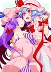  blue_hair bow breasts commentary_request eichi_yuu fang frills hair_bow hand_on_another's_shoulder hat hat_bow hat_ribbon highres long_hair medium_breasts mob_cap multiple_girls open_mouth patchouli_knowledge pink_hat purple_eyes purple_hair red_bow red_eyes red_ribbon remilia_scarlet ribbon sideboob smile striped touhou yuri 