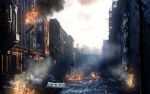  absurdres amgn_(kig043030) arknights bridge building burning car character_request check_character city cityscape cloud destruction fire highres lamppost motor_vehicle no_humans outdoors road ruins scenery sky skyscraper smoke street talulah_(arknights) 