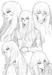 1boy clenched_hand closed_eyes closed_mouth collared_shirt commentary fate/grand_order fate_(series) gloves greyscale hair_between_eyes highres kirschtaria_wodime light_blush long_hair long_sleeves looking_ahead looking_at_viewer lower_teeth_only male_focus monochrome multiple_expressions multiple_views open_mouth parted_lips sabamori shirt simple_background smile sweatdrop teeth v-shaped_eyebrows white_background 