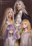 1boy 4girls ascot baby beard black_jacket blonde_hair blue_eyes brown_background castlevania_(series) cecilia_schariac commentary dress durandal_(honkai_impact) english_commentary facial_hair family family_portrait highres honkai_(series) honkai_impact_3rd jacket kiana_kaslana long_hair multiple_girls purple_hair queen_yuri.mj siegfried_kaslana signature sirin white_ascot white_dress white_hair yellow_eyes 