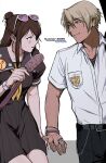  >_< 1boy 1girl 2025 :i :o ace_attorney adzuki_bean aged_down amikoiiko apollo_justice:_ace_attorney bag belt belt_buckle black_belt black_wrist_cuffs blonde_hair blush breast_pocket brown_hair brown_serafuku buckle buttons closed_mouth collarbone collared_shirt copyright_name cowboy_shot dark-skinned_male dark_skin dress earrings ema_skye english_text eyewear_on_head fingernails food green_eyes grey_eyes half_updo highres holding holding_food holding_popsicle index_ring initial jewelry klavier_gavin leaning_back light_smile long_hair looking_at_another mismatched_eyebrows multiple_wristbands neckerchief official_alternate_hairstyle open_collar pants pink-tinted_eyewear pink_lips pink_nails pink_wrist_cuffs pleated_dress pleated_pants pocket popsicle puffy_short_sleeves puffy_sleeves purple_shirt school_uniform serafuku shirt short_hair short_sleeves shoulder_bag simple_background sitting striped_wristband summer summer_uniform sunglasses sweat tinted_eyewear two-tone_wristband undershirt wallet_chain watch weighing_scale white-framed_eyewear white_background white_shirt white_wrist_cuffs wrist_cuffs wristband wristwatch yellow_neckerchief 