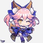  animal_ears artist_name blue_legwear bow breasts chibi cleavage closed_mouth commentary_request detached_sleeves fate/extra fate/grand_order fate_(series) fox_ears fox_tail grey_background hair_bow hair_ribbon japanese_clothes kisaragi_yuu_(fallen_sky) large_breasts one_eye_closed pink_hair ribbon simple_background tail tamamo_(fate)_(all) tamamo_no_mae_(fate) yellow_eyes 