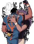  2boys arm_up black_gloves black_hair black_shirt blue_pants blush champion_uniform chuu_ni commentary_request copyright_request cowboy_shot dark-skinned_male dark_skin double-parted_bangs dynamax_band gloves hair_between_eyes hand_on_another's_back heart leon_(pokemon) long_hair looking_to_the_side male_focus multicolored_gloves multiple_boys pants partially_fingerless_gloves pinstripe_pattern pinstripe_shirt pokemon pokemon_sword_and_shield print_shirt purple_hair raihan_(pokemon) shirt short_hair short_sleeves sideways_glance speech_bubble spiked_hair sweat undercut white_background white_pants wristband yaoi yellow_eyes yellow_gloves 