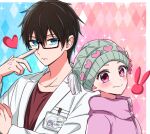 1boy 1girl amamiya_gorou amamiya_gorou_(cosplay) asgykk bald bald_female beanie blue_eyes brother_and_sister brown_hair character_name closed_mouth commentary_request cosplay doctor glasses green_hat hair_between_eyes hat heart highres hoshino_aquamarine hoshino_ruby jacket long_sleeves non-web_source oshi_no_ko pink_eyes pink_jacket red_shirt reincarnation shirt siblings smile star-shaped_pupils star_(symbol) symbol-shaped_pupils tendouji_sarina tendouji_sarina_(cosplay) track_jacket twitter_username white_jacket 