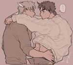  ... 2boys abs battle_tendency blonde_hair brown_background brown_eyes brown_hair bulge cable_knit caesar_anthonio_zeppeli chuu_ni closed_mouth commentary_request cropped_torso facial_mark fake_head_wings green_eyes grey_male_underwear grey_shirt jojo_no_kimyou_na_bouken joseph_joestar joseph_joestar_(young) long_sleeves male_focus male_underwear midriff_peek motion_lines multiple_boys profile shirt simple_background speech_bubble spoken_ellipsis sweater underwear white_sweater yaoi 