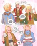  1girl 2boys birthday birthday_cake blonde_hair cake english_text food happy_birthday highres jiraiya_(naruto) kokodrawings multiple_boys namikaze_minato naruto_(series) talking teacher_and_student tsunade_(naruto) 