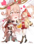  2girls alice_(genshin_impact) alternate_costume bare_shoulders black_gloves blonde_hair blush breasts camera cleavage cowlick detached_sleeves dress fish_hat genshin_impact gloves hair_between_eyes heart heart-shaped_pupils highres holding holding_camera klee_(genshin_impact) long_hair long_sleeves low_twintails mother_and_child mother_and_daughter multiple_girls open_mouth orange_eyes parent_and_child pointy_ears popo_(mochimai275642) red_dress red_sleeves side_ahoge smile symbol-shaped_pupils taking_picture twintails very_long_hair 
