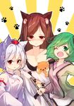  animal animal_ears bamboo_broom bangs bare_shoulders blush breasts broom brown_hair chiroru_(cheese-roll) cleavage commentary detached_sleeves dress green_eyes green_hair hat highres holding holding_animal holding_broom imaizumi_kagerou inubashiri_momiji japanese_clothes kasodani_kyouko kimono large_breasts long_hair long_sleeves looking_at_viewer medium_breasts multiple_girls nose_blush off-shoulder_dress off_shoulder one_eye_closed open_mouth parted_lips paw_print pom_pom_(clothes) red_eyes short_hair skirt small_breasts swept_bangs tokin_hat touhou white_hair wide_sleeves wolf_ears 