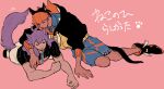  2boys animal_ears arm_around_shoulder black_hair black_hoodie black_shirt black_shoes blue_shorts cat_boy cat_ears cat_tail champion_uniform chuu_ni closed_eyes commentary_request dark-skinned_male dark_skin double-parted_bangs hair_between_eyes headband hood hood_down hoodie leon_(pokemon) licking long_hair lying male_focus multiple_boys on_stomach orange_headband orange_hoodie pink_background pinstripe_pattern pinstripe_shirt pokemon pokemon_sword_and_shield print_shirt raihan_(pokemon) shirt shoes short_hair short_sleeves shorts sitting spiked_hair tail tongue tongue_out translation_request two-sided_hoodie white_shorts yaoi 