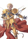  1boy armor blonde_hair earrings enkidu_(weapon)_(fate) fate/strange_fake fate_(series) gilgamesh_(fate) gold_armor highres jewelry looking_at_viewer male_focus red_eyes simple_background solo thorn_(kmconceptart) weapon white_background 