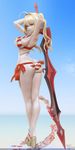  3d aestus_estus ahoge armpits arms_behind_head ass ass_cutout back bikini breasts cleavage crossed_legs fate/grand_order fate_(series) highres holding holding_sword holding_weapon large_breasts leslyzerosix long_legs nero_claudius_(fate)_(all) nero_claudius_(swimsuit_caster)_(fate) sandals side_ponytail solo striped striped_bikini swimsuit sword twintails watson_cross weapon 
