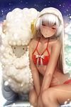  altera_(fate) altera_the_santa bare_shoulders blush bow bra breasts commentary_request dark_skin earmuffs fate/grand_order fate_(series) ginhaha half-closed_eyes looking_at_viewer red_bra red_eyes sheep short_hair silver_hair small_breasts solo triangle_mouth underwear veil white_hair 