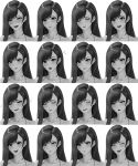  1girl black_hair blush closed_eyes closed_mouth collarbone crying crying_with_eyes_open drunk english_commentary eyeshadow facing_viewer feikyart final_fantasy final_fantasy_vii final_fantasy_vii_remake greyscale halterneck happy happy_tears highres long_hair looking_at_viewer makeup monochrome multiple_expressions multiple_views open_mouth parted_lips portrait sad smile surprised swept_bangs tears tifa_lockhart upper_body white_background 