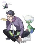  ... 1boy black-framed_eyewear black_hair black_pants black_socks blue_flower blue_rose budew closed_mouth collared_shirt colored_skin corbeau_(pokemon) evolutionary_line eyewear_strap flower glasses green_skin head_rest highres kitsune_(ly_howe) long_sleeves male_focus necktie pants parted_hair pokemon pokemon_(creature) pokemon_legends:_z-a purple_hair purple_shirt red_eyes red_flower red_rose rose roselia_(pokemon) roserade rotom rotom_phone round_eyewear shirt short_hair sitting socks spoken_ellipsis undercut white_necktie yellow_eyes 