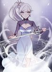  blue_eyes breasts cleavage ecru glyph holding holding_sword holding_weapon left-handed long_hair medium_breasts myrtenaster ponytail rapier rwby scar scar_across_eye solo sword weapon weiss_schnee white_hair 