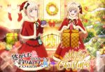  2girls aida_ametis blonde_hair blue_eyes blush box capelet christmas_tree christmas_wreath closed_mouth commentary_request copyright_name copyright_notice dress fire fireplace fur-trimmed_capelet fur-trimmed_dress fur_trim gift gift_box hair_intakes hat holding holding_gift indoors looking_at_viewer maria_annovazzi merry_christmas multiple_girls nigashita_sakana_wa_ookikatta_ga_tsuriageta_sakana_ga_ookisugita_ken official_art open_mouth purple_eyes red_capelet red_dress red_hat red_socks santa_costume santa_dress santa_hat second-party_source smile socks sparkle string_of_flags teeth unworn_socks upper_teeth_only wreath 