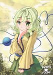  1girl :i artist_name bush buttons cheek_squash commentary diamond_button english_commentary eyeball floral_print frilled_shirt_collar frilled_sleeves frills green_eyes green_hair green_skirt hand_on_own_face heart heart_of_string highres komeiji_koishi outdoors plant pout rose_print sachisudesu shirt skirt smile third_eye touhou wide_sleeves yellow_shirt 