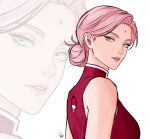  1girl absurdres aged_up breasts chococurrent close-up commentary english_commentary facial_mark facing_to_the_side forehead_mark from_side green_eyes hair_bun hair_up haruno_sakura high_collar highres long_eyelashes looking_back medium_breasts naruto_(series) pink_hair pink_lips shirt sleeveless sleeveless_shirt zoom_layer 