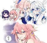  4girls blue_hair blunt_bangs blush bow-shaped_hair braid bridal_gauntlets colored_tips commentary_request drop-shaped_pupils engulfing_lightning_(genshin_impact) eyelash_ornament fan_hair_ornament furina_(genshin_impact) genshin_impact gloves gradient_hair hair_between_eyes japanese_clothes kimono long_braid long_hair low-braided_long_hair low-tied_long_hair mitsudomoe_(shape) mole mole_under_eye multicolored_hair multiple_girls musou_isshin_(genshin_impact) nagatekkou obiage obijime pink_hair purple_eyes purple_hair purple_kimono purple_nails raiden_shogun sangonomiya_kokomi shinoo0915 speech_bubble spoken_sweatdrop spoken_thumbs_up streaked_hair suikyou394 sweatdrop symbol-shaped_pupils tomoe_(symbol) wide_sleeves yae_miko 