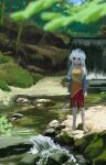  1girl absurdres arms_at_sides cleaver closed_mouth commentary dauchimk_1 detached_sleeves dress expressionless full_body grey_hair grey_sleeves highres holding holding_cleaver long_hair long_sleeves looking_ahead looking_at_viewer moss multicolored_dress orange_dress outdoors red_dress red_eyes river rock sakata_nemuno solo standing straight-on touhou tree untranslatable_commentary water waterfall yellow_dress 