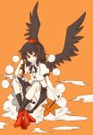  1girl black_skirt black_wings camera cloud commentary crossed_legs feathered_wings full_body geta hat highres holding holding_camera looking_at_viewer medium_hair orange_background pom_pom_(clothes) red_eyes red_hat shameimaru_aya shirt skirt smile solo tengu tengu-geta tokin_hat touhou untranslatable_commentary watanukimurama white_shirt wings 