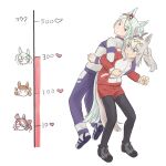  2girls ahoge animal_ears assisted_stretching back-to-back belno_light_(umamusume) black_shoes blue_eyes blue_jacket blue_pants closed_mouth diamond_hairband ear_ornament ear_ribbon fujimasa_march_(umamusume) grey_hair gym_shorts half_updo highres horse_ears horse_girl horse_tail jacket kasamatsu_tracen_training_uniform kiss_meter_(meme) leaning_forward light_frown locked_arms long_hair long_sleeves looking_at_another looking_back meme multiple_girls norn_ace_(umamusume) oguri_cap_(racehorse) oguri_cap_(umamusume) open_mouth pants pantyhose pantyhose_under_shorts ponytail red_jacket red_shorts reo_000 shoes shorts simple_background sneakers standing tail tracen_training_uniform track_jacket track_pants umamusume umamusume:_cinderella_gray white_background white_shoes yellow_eyes 