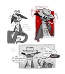 2026 angry anthro biped black_body black_fur carbontrioxide clothed clothing cowboy cowboy_hat dialogue digital_media_(artwork) domestic_cat duo english_text eye_patch eyewear felid feline felis fur gambit_(mewgenics) hat headgear headwear hi_res male mammal mewgenics multicolored_body multicolored_fur multiple_images question_mark simple_background solo_focus speech_bubble status_effect teasing text toony two_tone_body two_tone_fur white_background white_body white_fur zodiac_(mewgenics)