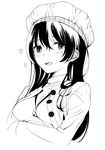  akagi_asahito black_hair blush breasts buttons cleavage commentary_request flower_ornament greyscale hat heart highres jacket jewelry long_hair long_sleeves looking_at_viewer medium_breasts monochrome necklace open_mouth sketch solo upper_body 