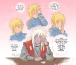  2boys blonde_hair commentary english_commentary facial_mark highres jiraiya_(naruto) kokodrawings male_focus multiple_boys namikaze_minato naruto_(series) speech_bubble spiked_hair talking teacher_and_student thought_bubble white_hair worried 