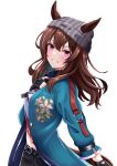  1girl absurdres animal_ears beanie black_gloves blue_jacket brown_hair commentary_request dice dice_necklace ear_ornament ears_through_headwear fingerless_gloves floral_print gloves grey_hat hat highres horse_ears horse_girl jacket jewelry long_hair looking_at_viewer midriff nakayama_festa_(shichuukyuukatsu)_(umamusume) nakayama_festa_(umamusume) navel necklace purple_eyes shirt simple_background smile solo u-sukio. umamusume upper_body white_background white_shirt 